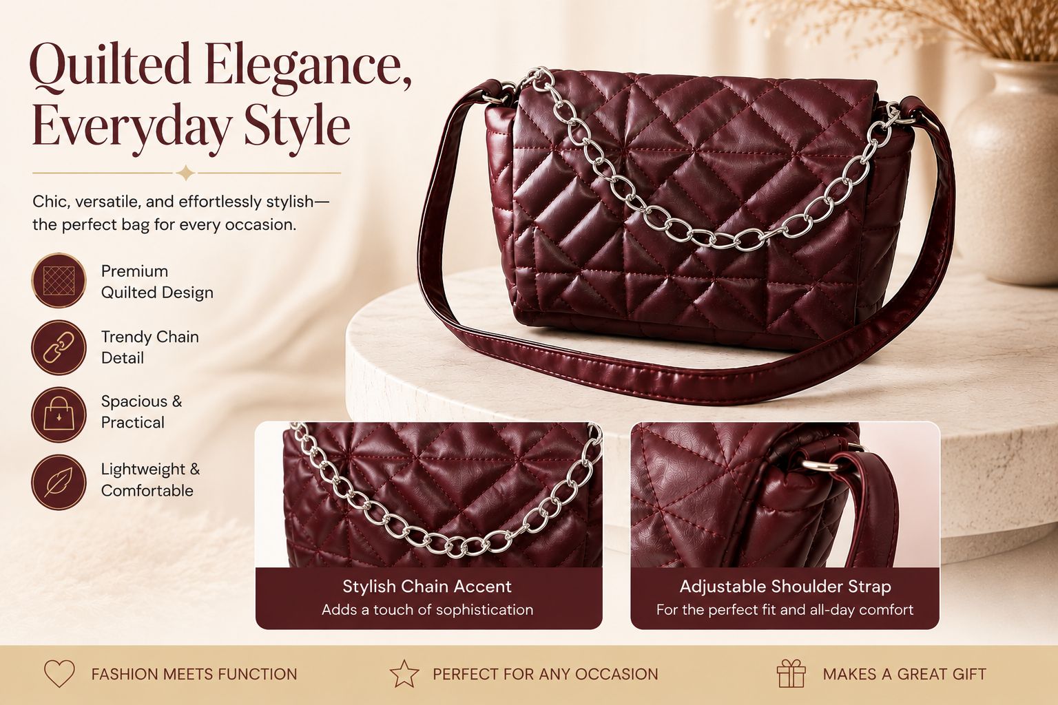 Burgundy Quilted Crossbody Bag with Silver Chain - Free Gift with Purchase