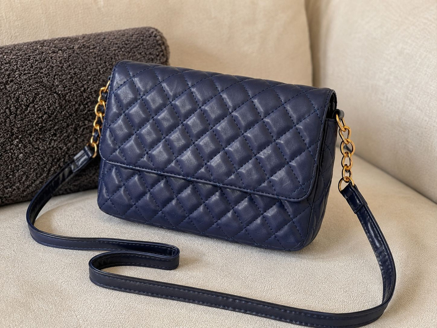 Navy Blue Quilted Crossbody Bag with Gold Chain - Free Gift