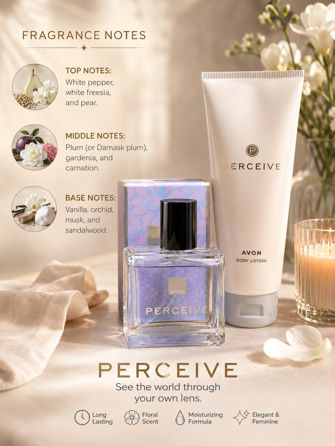 Avon Perceive Eau de Parfum & Body Lotion – Fragrance Notes: White Pepper, Freesia, Pear, Plum, Gardenia, Vanilla, Sandalwood
