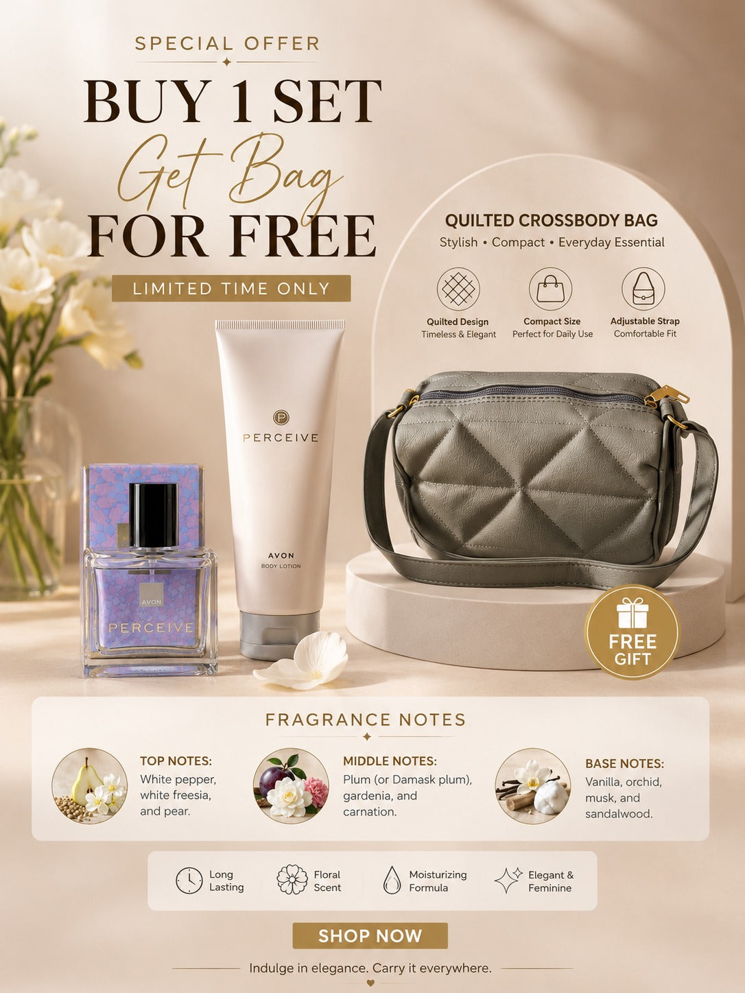 Avon Perceive Gift Set with Free Quilted Crossbody Bag – Buy 1 Set Get 1 Free Special Offer