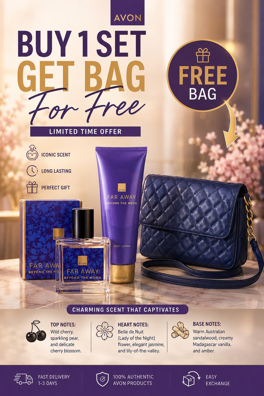 Avon Far Away Beyond the Moon Gift Set with Free Navy Quilted Bag - Buy 1 Set Get 1 Bag Free