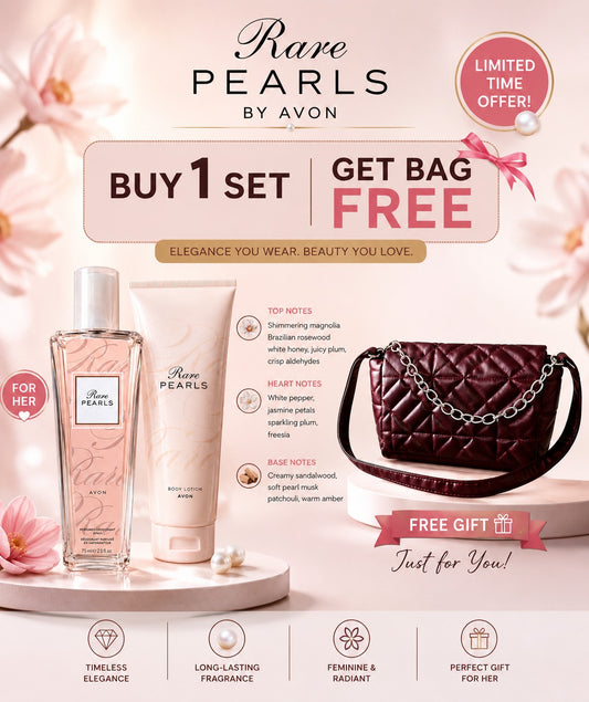 Avon Rare Pearls Gift Set Buy 1 Get Free Burgundy Quilted Bag - Limited Time Offer