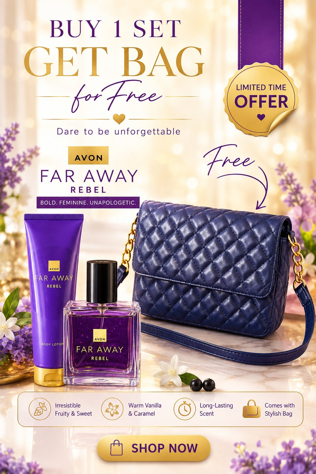 Avon Far Away Rebel Gift Set - Buy 1 Set Get Free Navy Quilted Bag - Limited Time Offer