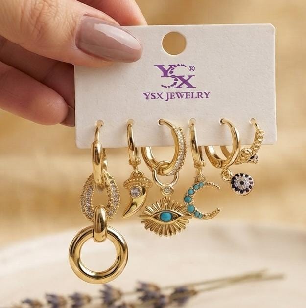 Gold Charm Hoop Earring Set – 6 Pieces | Mix & Match Styles