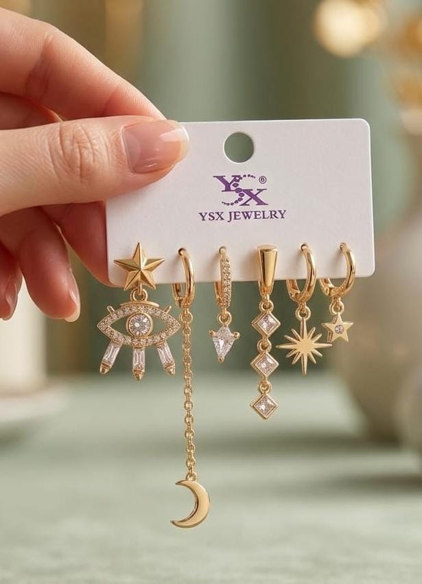 Gold Charm Hoop Earring Set – 6 Pieces | Mix & Match Styles