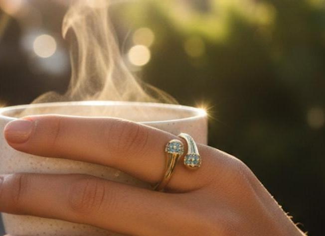 Brazilian Gold Crystal Bypass Open Ring – Adjustable Statement Ring