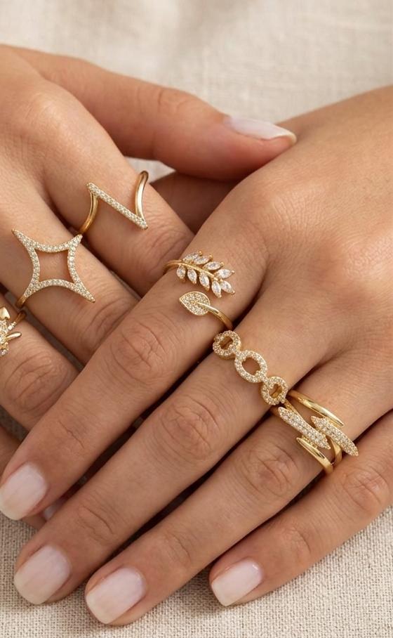 Brazilian Gold Crystal Bypass Open Ring – Adjustable Statement Ring