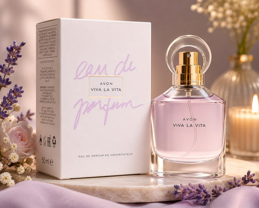 Avon Viva La Vita Eau de Parfum 50ml bottle with white gift box – floral women's fragrance