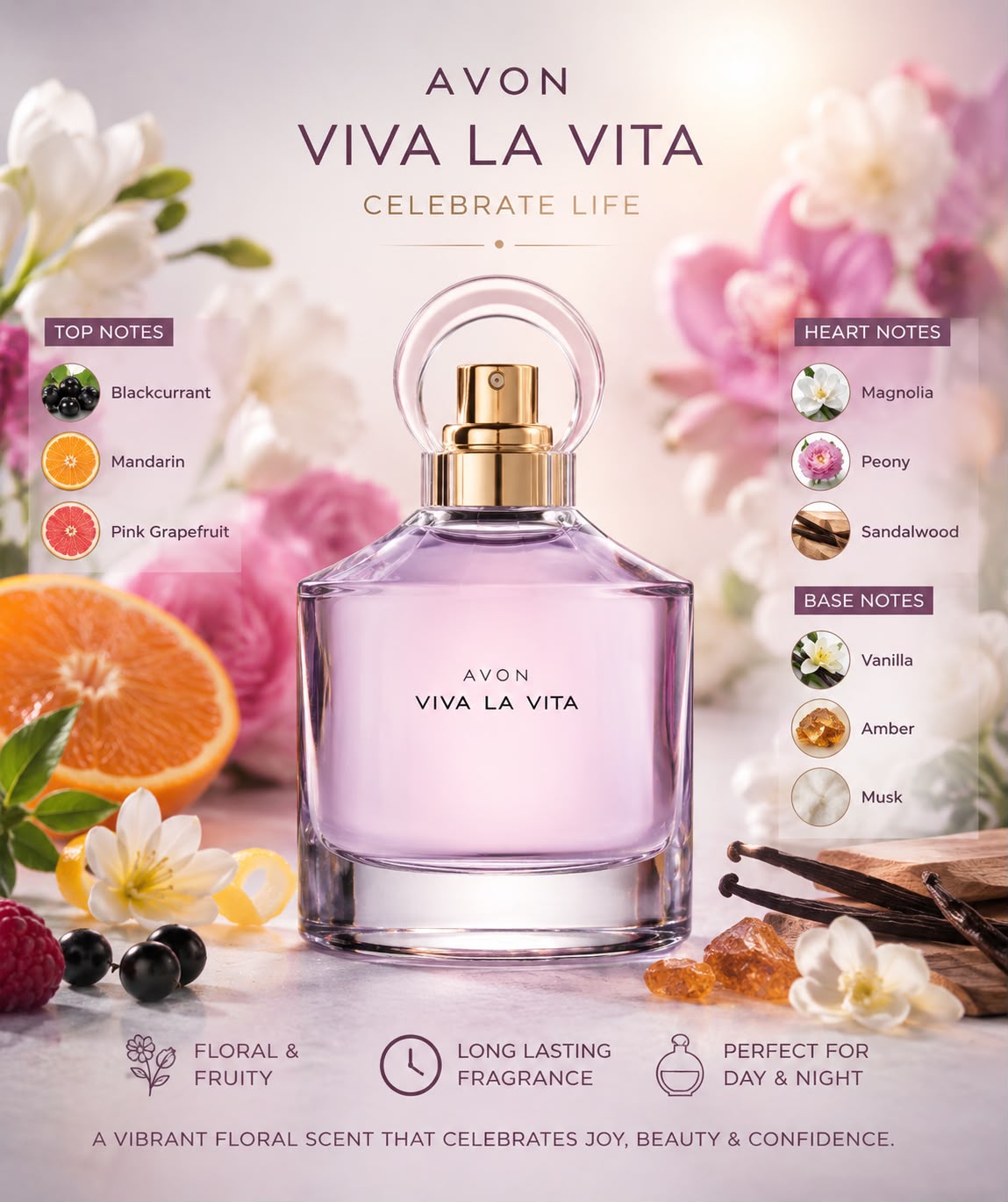 Avon Viva La Vita EDP fragrance notes infographic – Blackcurrant, Magnolia, Vanilla, Amber