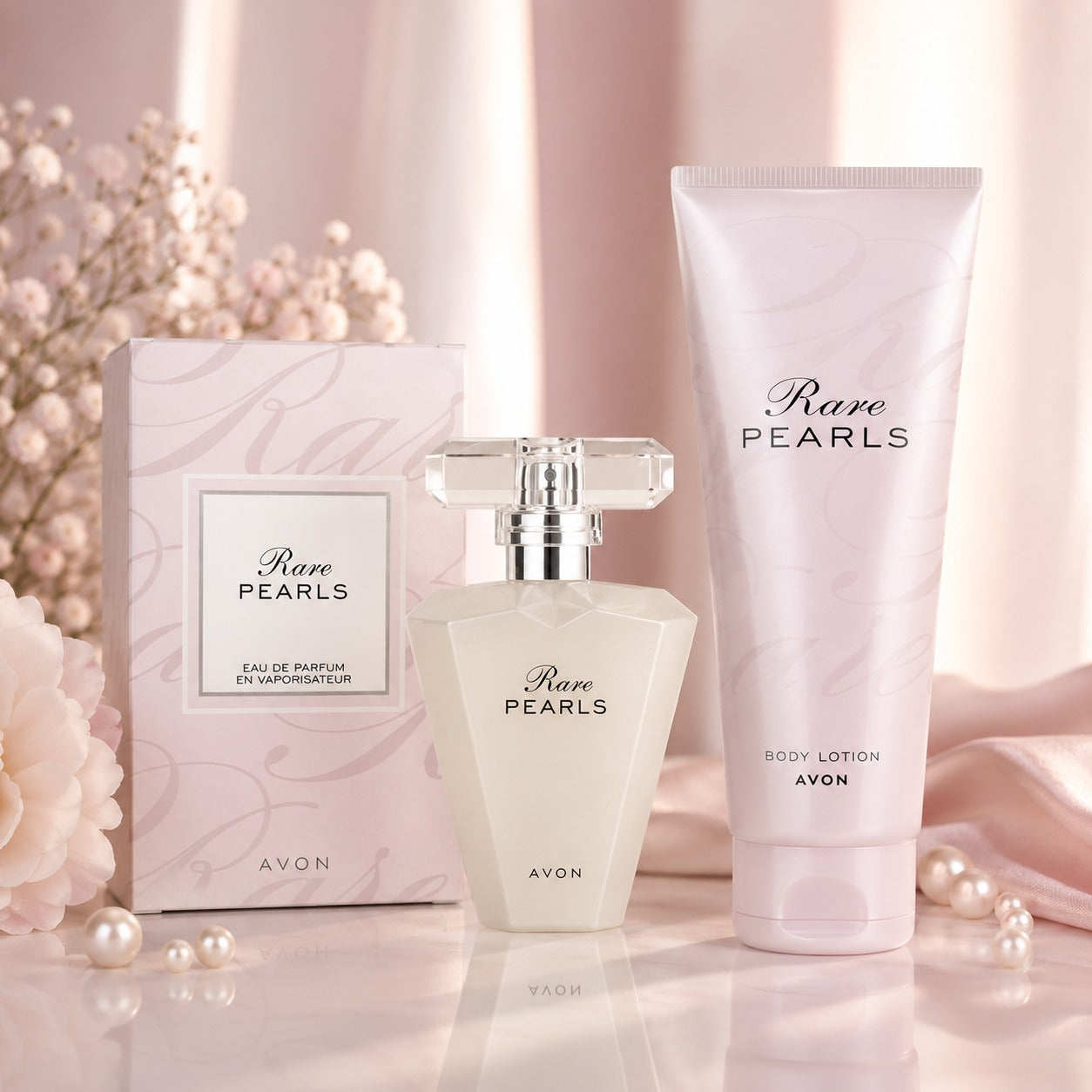 Avon Rare Pearls Eau de Parfum and Body Lotion Gift Set in elegant blush pink and white packaging