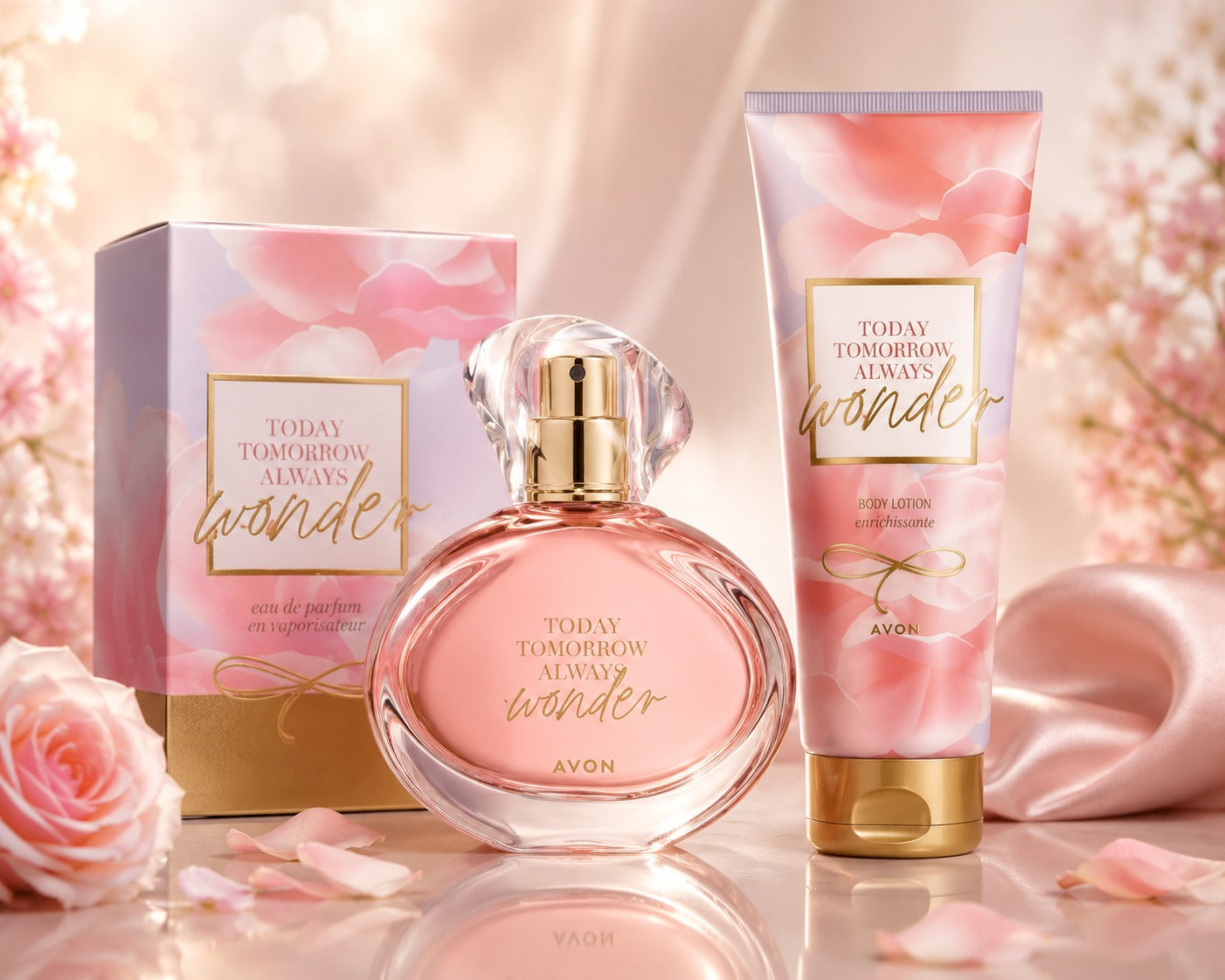 Avon Today Tomorrow Always Wonder Eau de Parfum and Body Lotion Gift Set in blush pink and gold packaging with roses