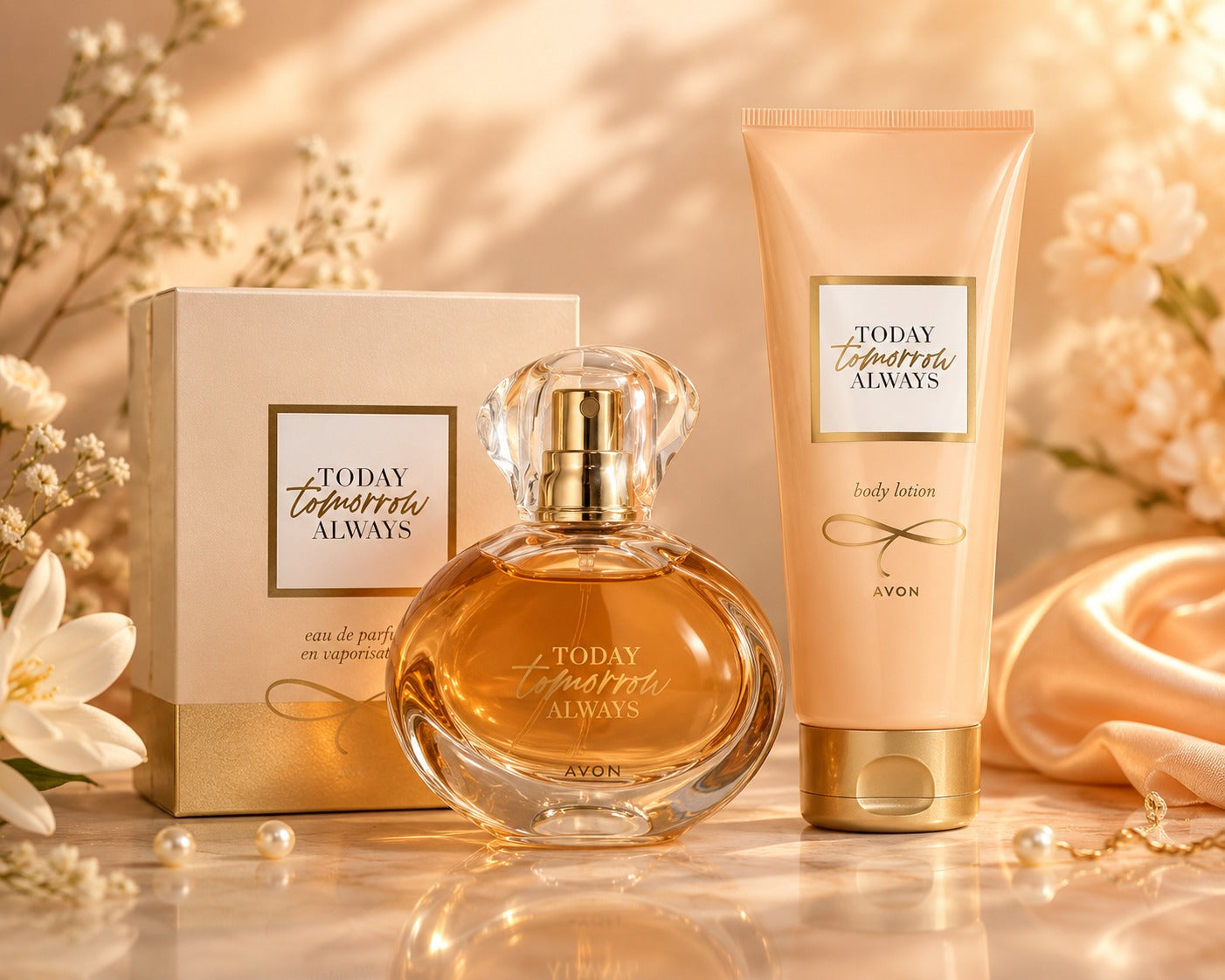 Avon Today Tomorrow Always Eau de Parfum and Body Lotion Gift Set in cream and gold packaging with white flowers