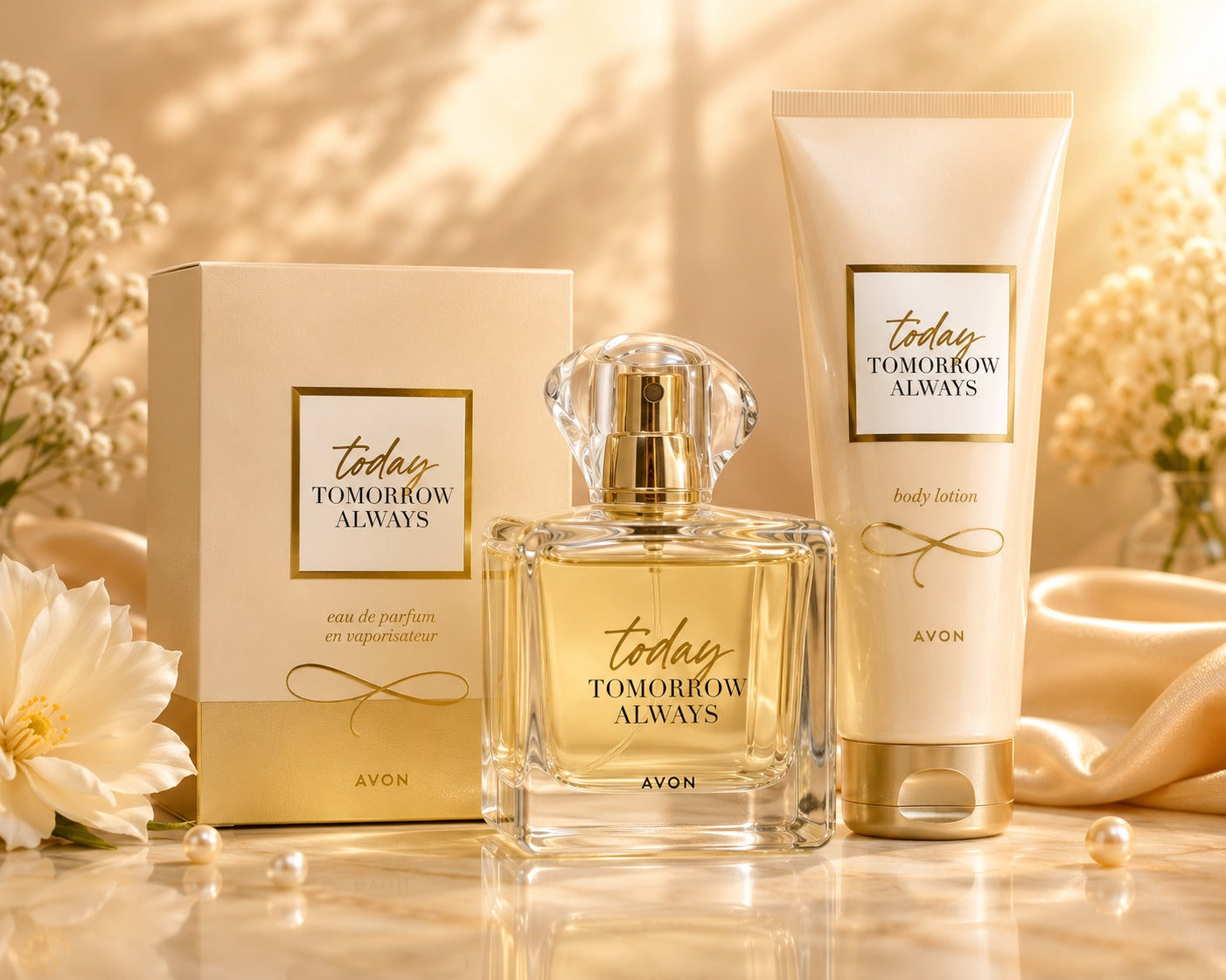 Avon Today Tomorrow Always Original Eau de Parfum square bottle and Body Lotion Gift Set in cream and gold packaging