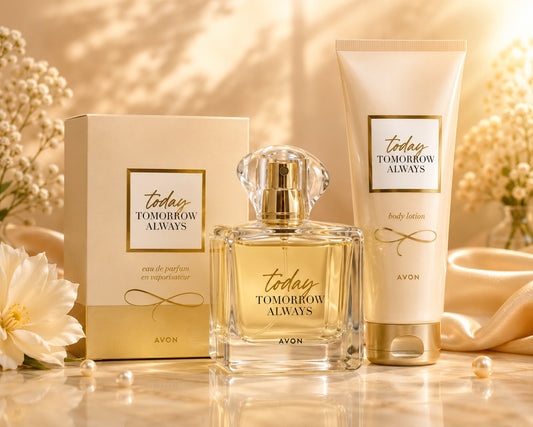 Avon Today Tomorrow Always Original Eau de Parfum square bottle and Body Lotion Gift Set in cream and gold packaging