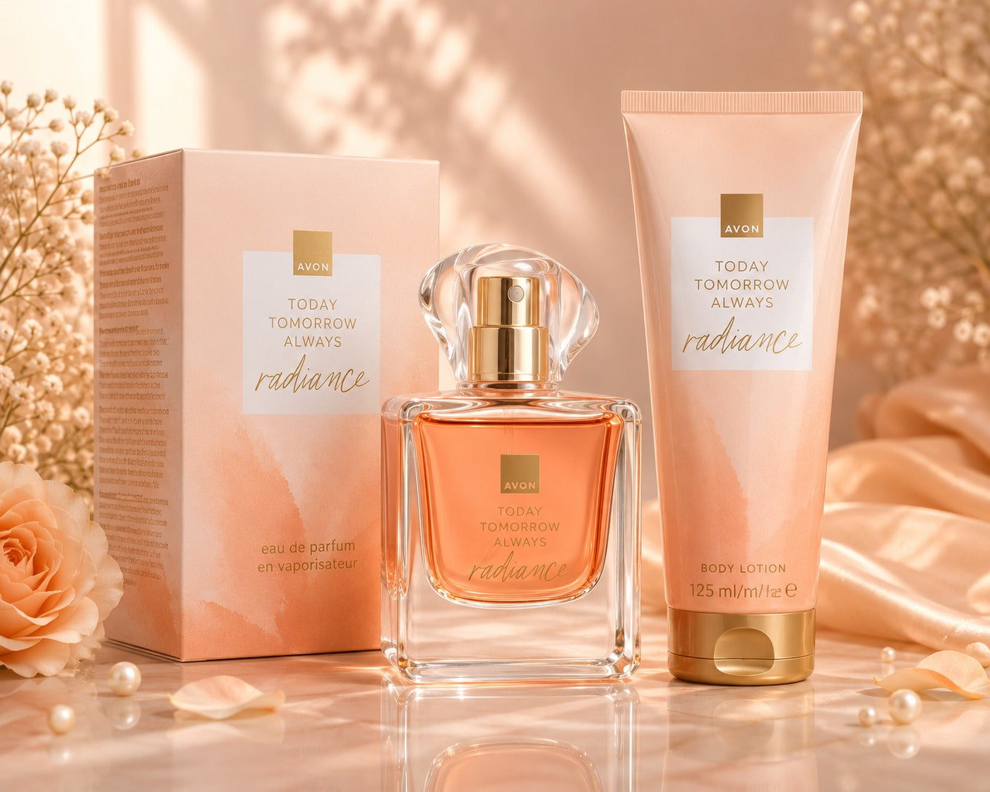 Avon Today Tomorrow Always Radiance Eau de Parfum and Body Lotion Gift Set in peach and gold packaging