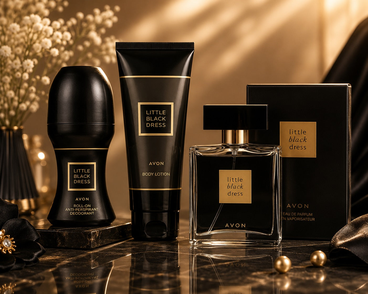 Avon Little Black Dress Eau de Parfum, Body Lotion and Roll-On Deodorant Gift Set in black and gold packaging