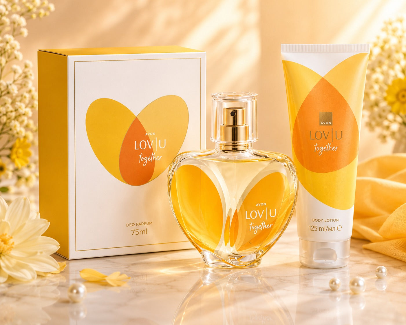 Avon Lov U Together Deo Parfum and Body Lotion Gift Set in yellow and orange heart-shaped packaging