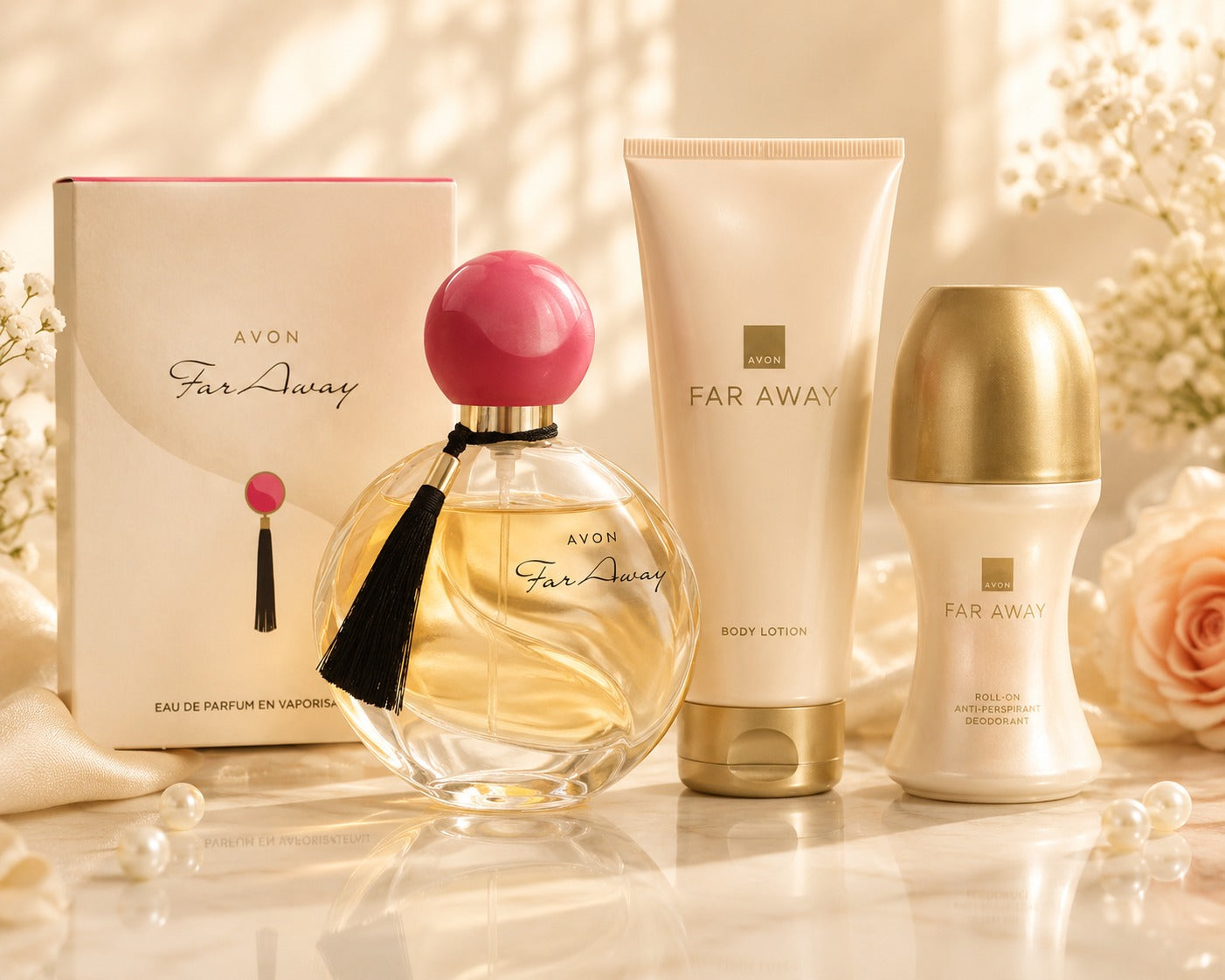Avon Far Away Eau de Parfum with pink globe stopper, Body Lotion and Roll-On Deodorant Gift Set in cream and gold packaging