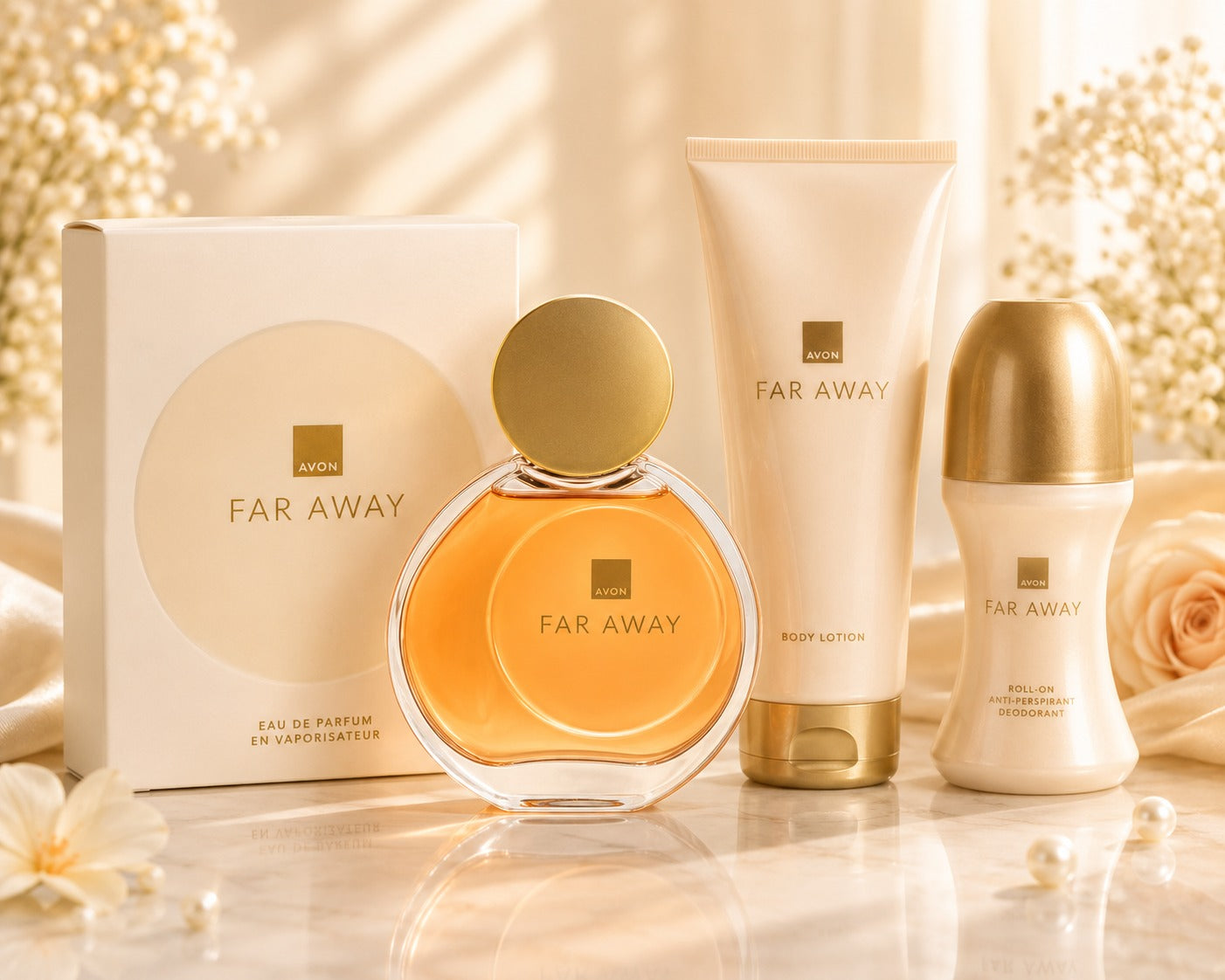 Avon Far Away Gold Eau de Parfum with gold disc cap, Body Lotion and Roll-On Deodorant Gift Set in white and gold packaging