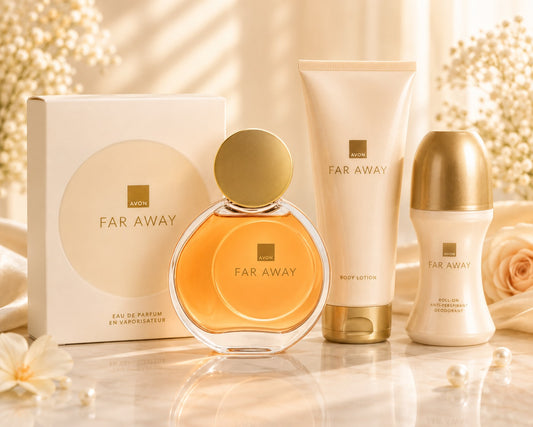 Avon Far Away Gold Eau de Parfum with gold disc cap, Body Lotion and Roll-On Deodorant Gift Set in white and gold packaging