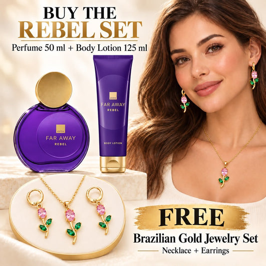 Avon Far Away Rebel Perfume 50ml & Lotion Set + Free Jewelry - Timavie