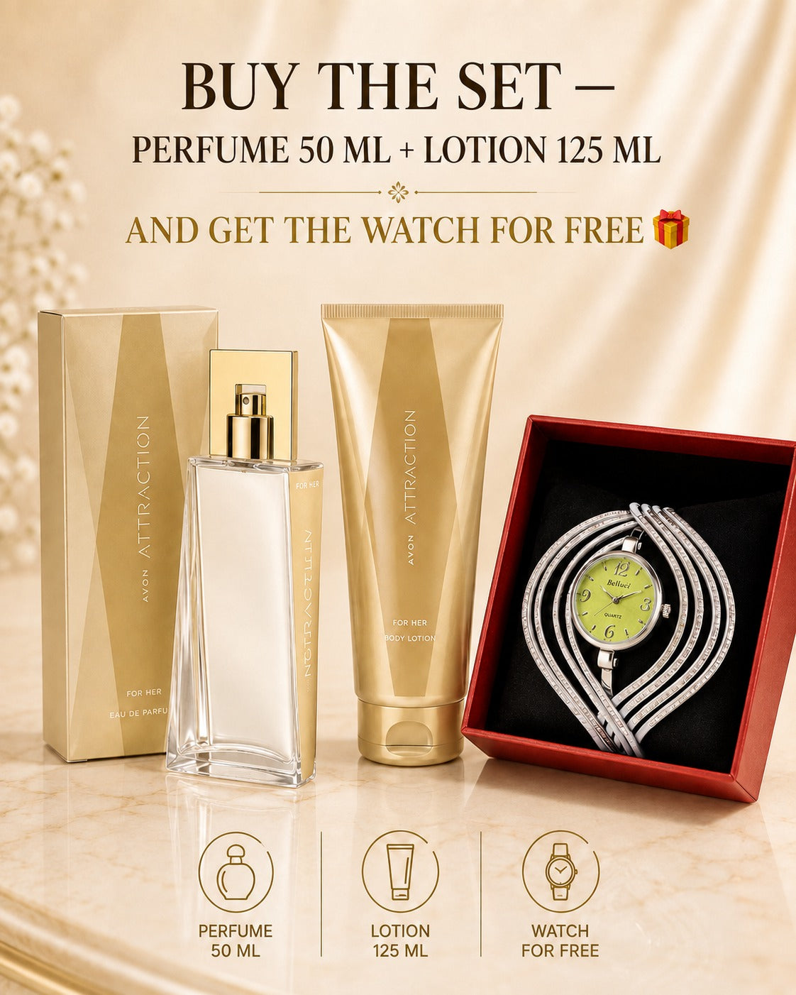 Avon Attraction For Her Set – Buy Perfume 50ml + Lotion 125ml Get Watch Free