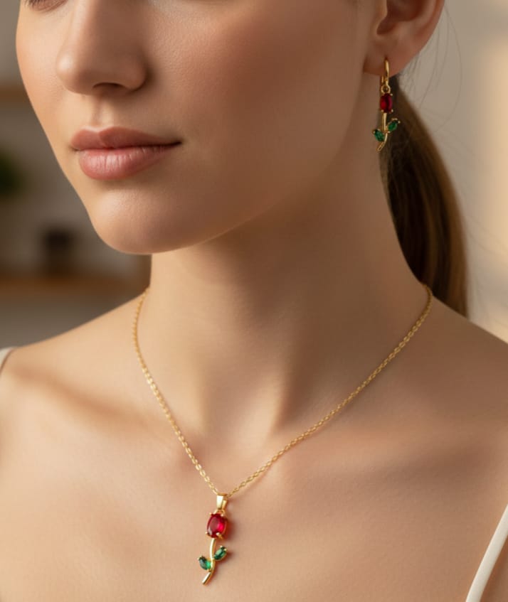 Rose Flower Necklace and Earrings Set - Timavie