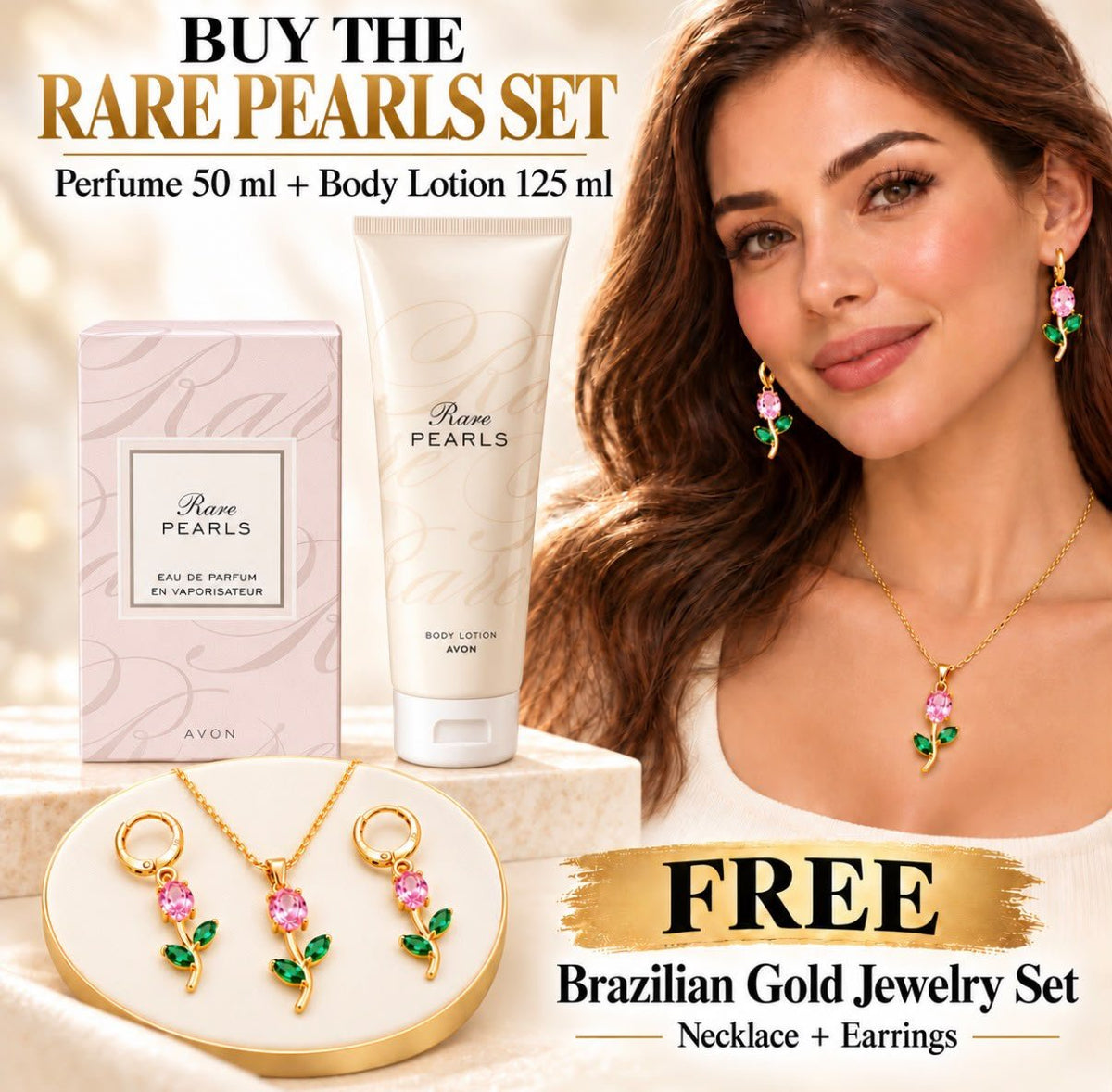 Rare Pearls Set (Perfume 50ml + Body Lotion 125ml) + FREE Brazilian Gold Jewelry Set - Timavie