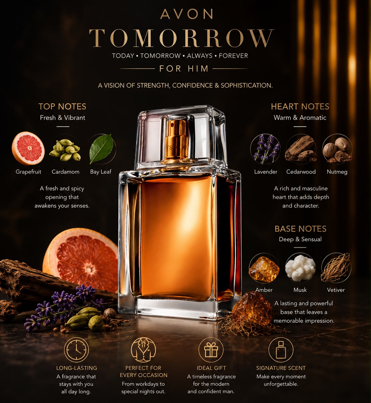 Avon Tomorrow For Him fragrance notes – grapefruit, lavender, amber, musk, vetiver