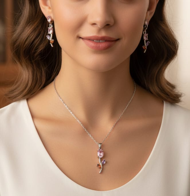 Rose Flower Necklace and Earrings Set - Timavie