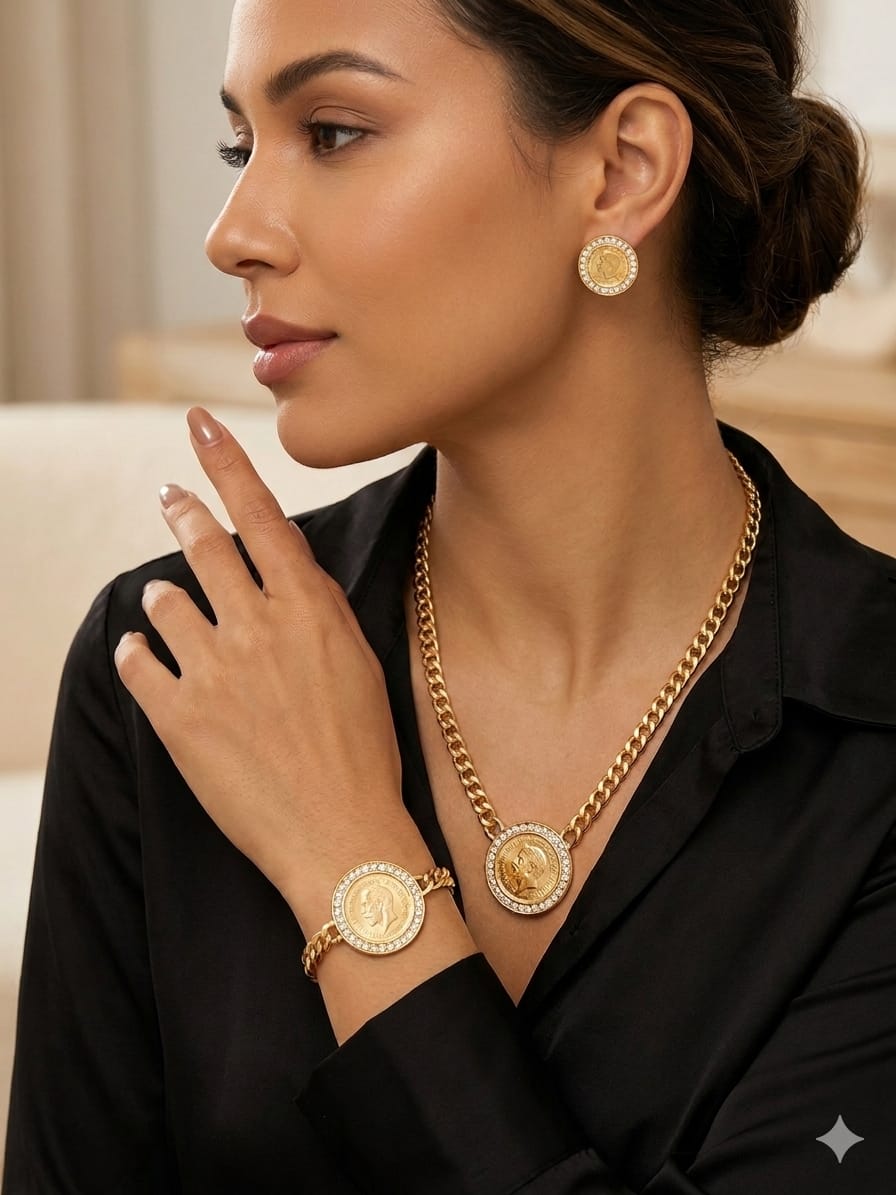 Brazilian Gold Coin Medallion Necklace, Bracelet & Earrings Set - Timavie