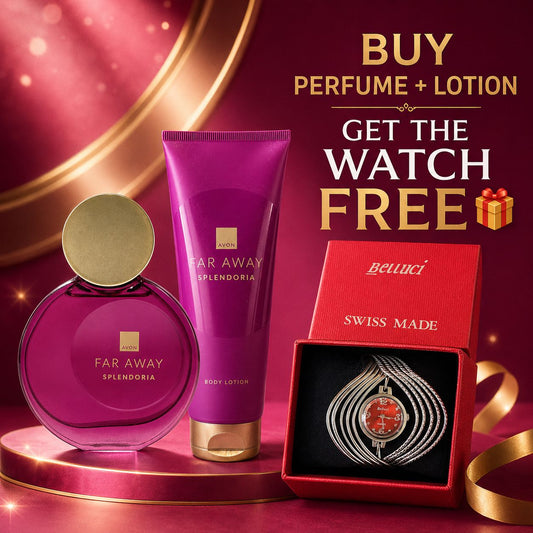 Avon Far Away Splendoria Eau de Parfum + Body Lotion 125ml – Free Belluci Swiss Watch - Timavie