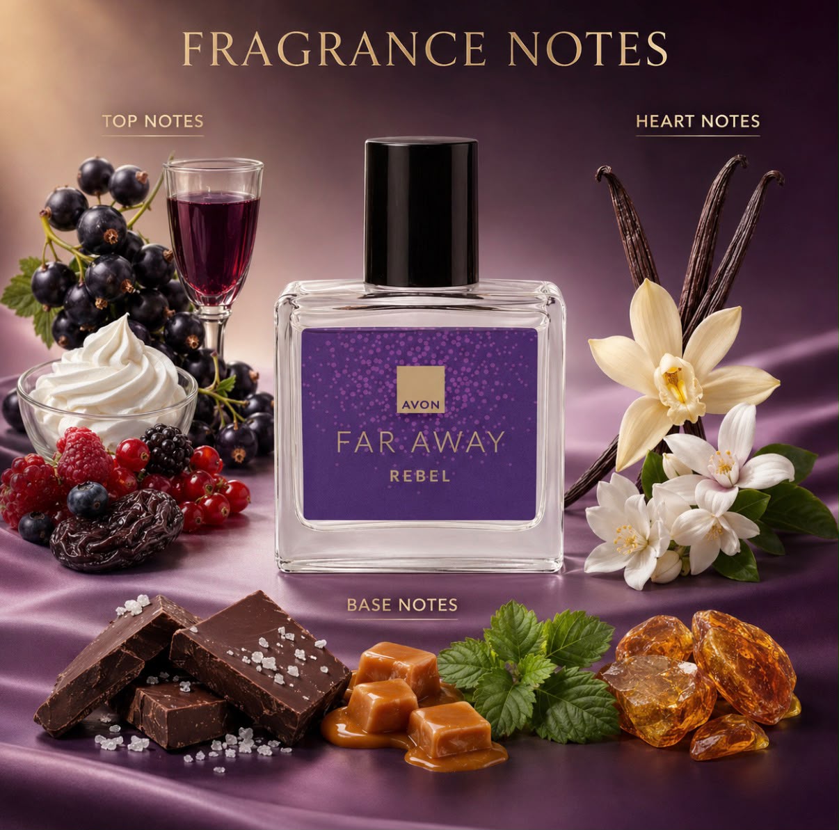 Avon Far Away Rebel Fragrance Notes – Top: Black Currant, Red Wine, Raspberry, Cream | Heart: Vanilla, Jasmine, White Flowers | Base: Salted Chocolate, Caramel, Mint, Amber Resin