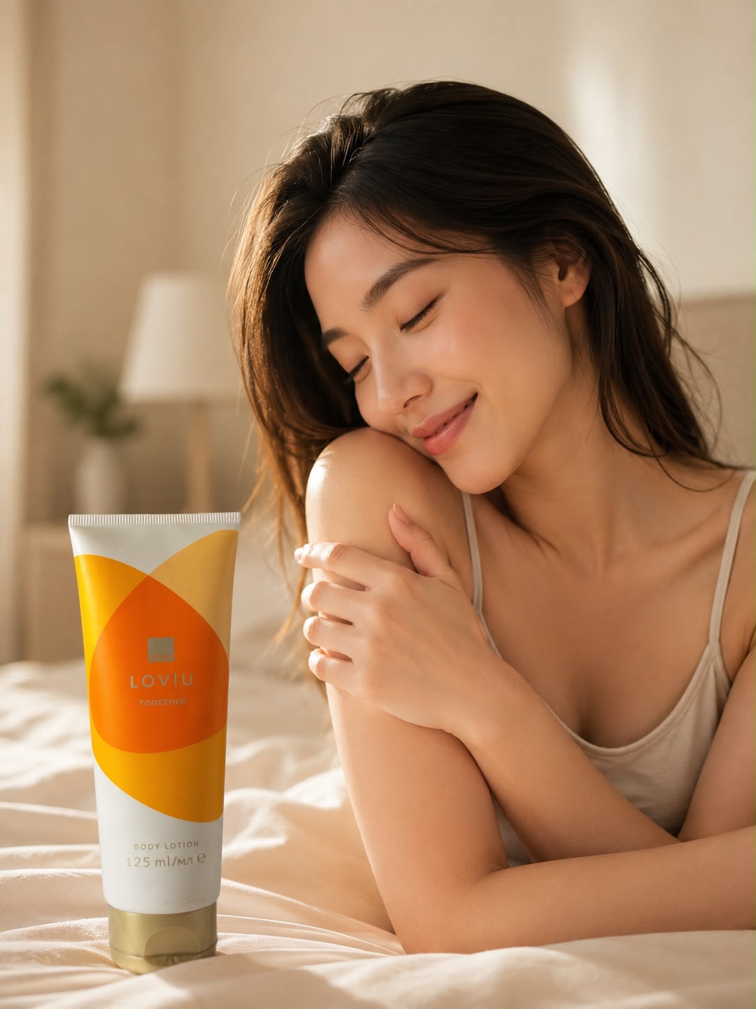 Woman enjoying Avon Loviu Together Body Lotion - soft and radiant skin