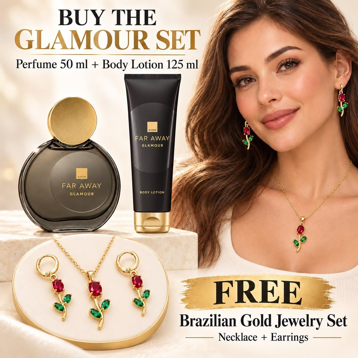 Far Away Glamour Set (Perfume 50ml + Body Lotion 125ml) + FREE Brazilian Gold Jewelry Set - Timavie