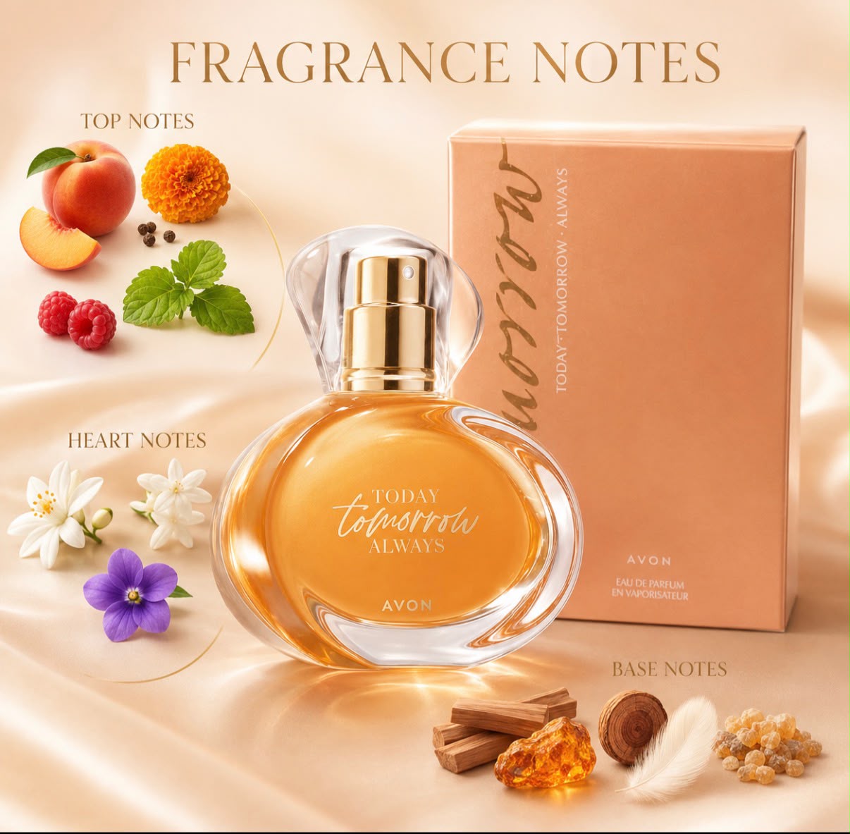 Avon Today Tomorrow Always Fragrance Notes – Top: Peach, Marigold, Raspberry, Mint | Heart: Jasmine, Violet | Base: Sandalwood, Amber, Musk, Frankincense