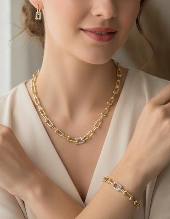 Brazilian Gold Chain Link Necklace, Bracelet & Earrings Set - Timavie
