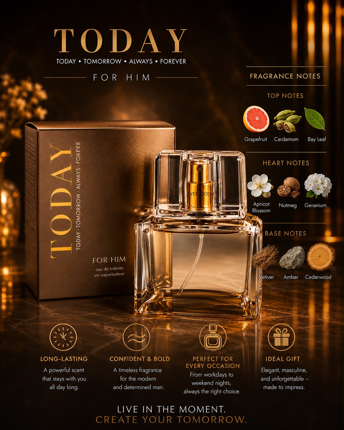 Avon Today For Him fragrance notes – grapefruit, cardamom, amber, cedarwood